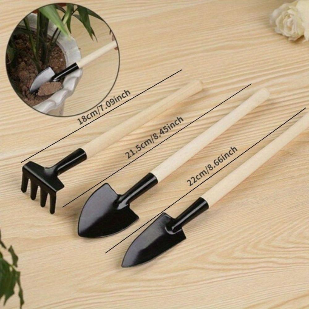 3pcs Mini Portable Gardening Tool Metal Head Shovel Rake Spade Garden Plant Wooden Handle Tool Set
