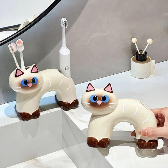Yousheng Toothbrush Holder, Cat Shape with Drain Port, Mold-Resistant Double-Hole Ceramic Organizer for Bathroom