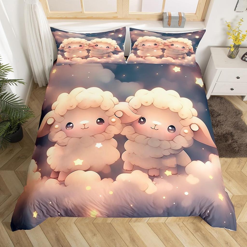 New Cute Farm Animals Duvet Cover King Size Cartoon Sheep Quilt Cover for Kids Boys Girls Teens Cute Animal Bed Set 3 Piece Set