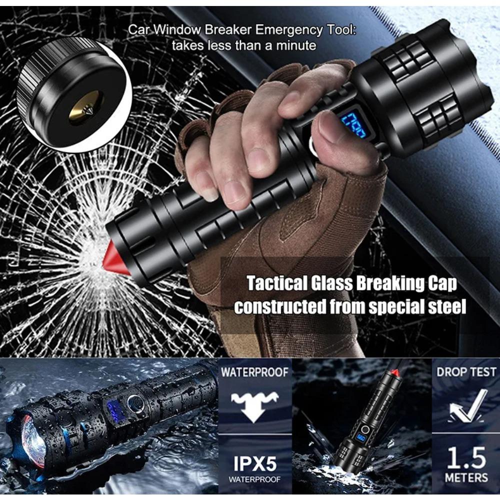 Powerful LED Flashlight Zoomable Torch Type-C Rechargeable Camping Lantern 5Modes Outdoor 26650 Power Bank Lights