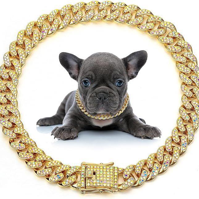 13mm Diamond-Studded Cuban Gold Chain Pet Necklace - Fashion Hip Hop Choker for Cats and Dogs