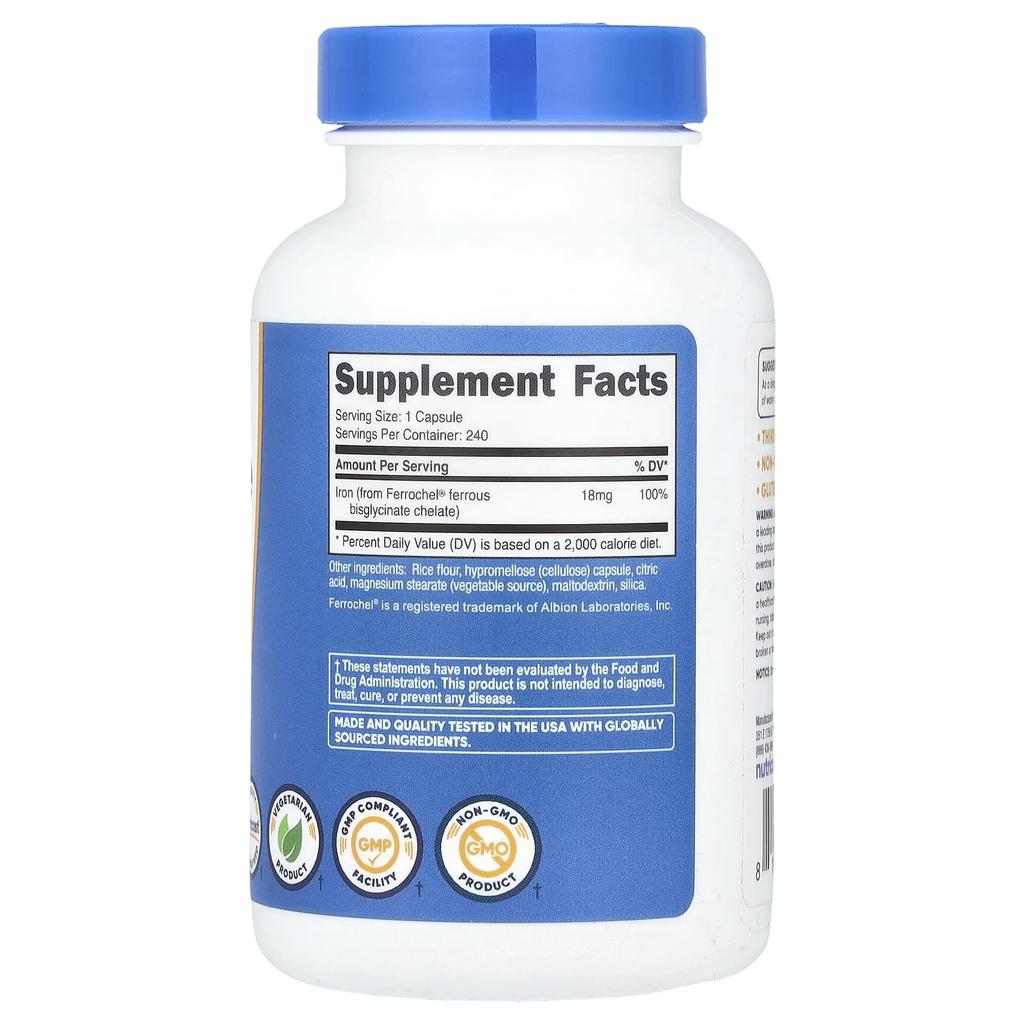 Nutricost, iron chelate from Ferrochel®, 18 mg, 240 capsules