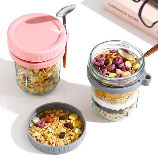 4 st Glas Mason Burk Overnight Oats Behållare med Lock och Skedar Lufttäta Burkar för Mjölk Flingor Fruktsallader Yoghurt
