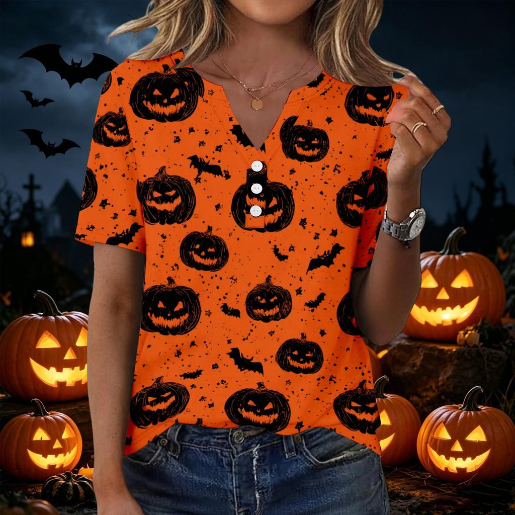 Women's Casual Halloween Print V Neck Button Front Three Quarter Sleeve T Shirt Top Lightweight Soft Fabric Comfortable Fit