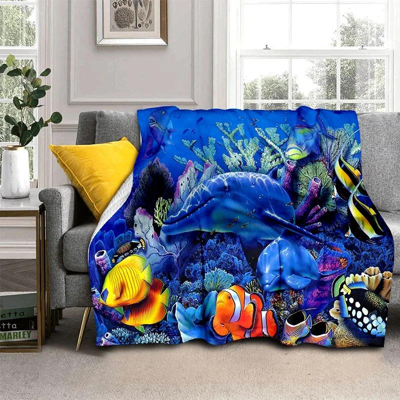 3D Unterwasserwelt Meeresboden Cartoon Decke, Weiche Überwurfdecke für Zuhause Schlafzimmer Bett Sofa Picknick Reisen Büro Überdecke Kinder