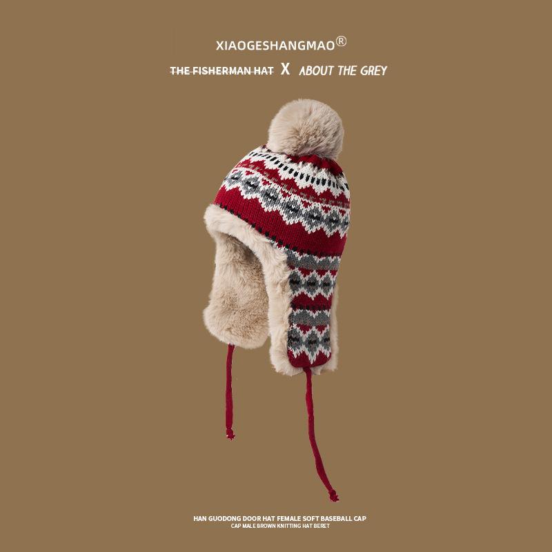 Winter Girls Sweet and Cute Plush Thickened Plush Ear Protectors Knitted Hat Warm Wool Hat Men