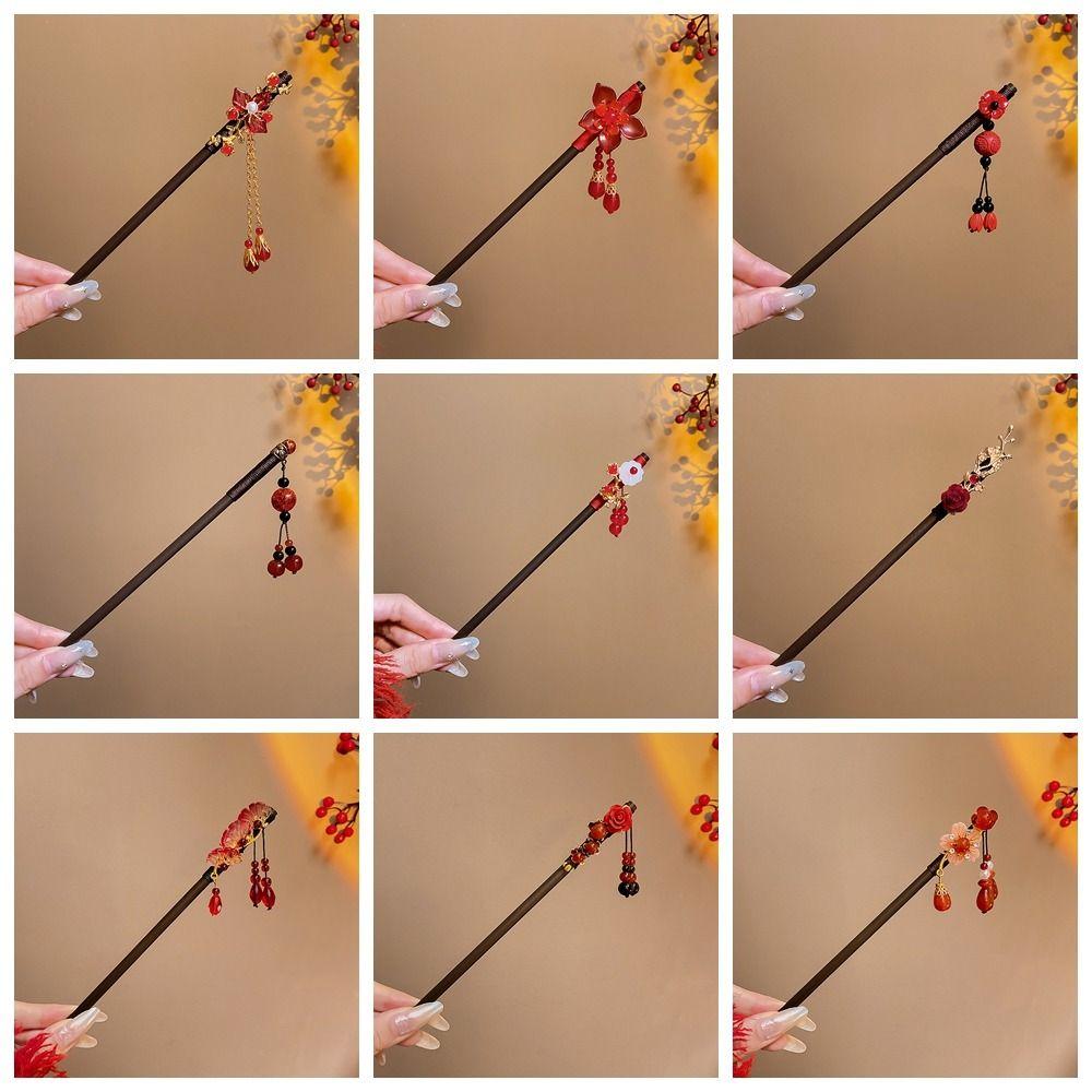 Classical Flower Wooden Hair Stick Tassel New Year Hanfu Hairpin Hair Sticks for Buns Red Cheongsam Accessories
