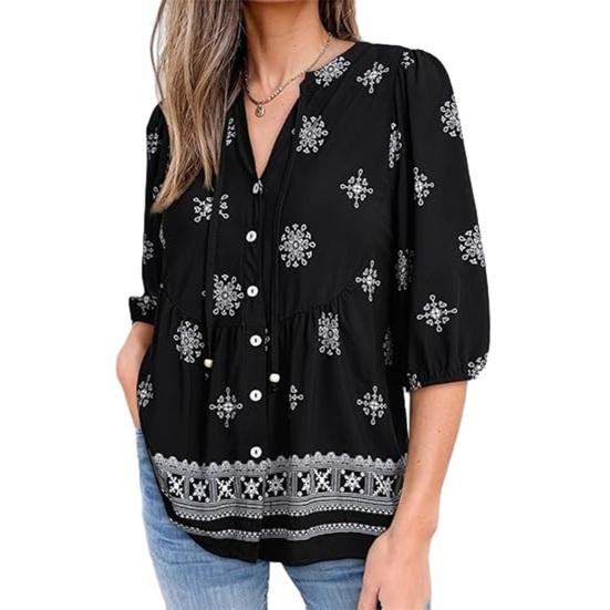 Women Shirt Loose Fit V Neck Printed Button Placket Shirt Tops Half Sleeve Breathable Summer Casual Tops