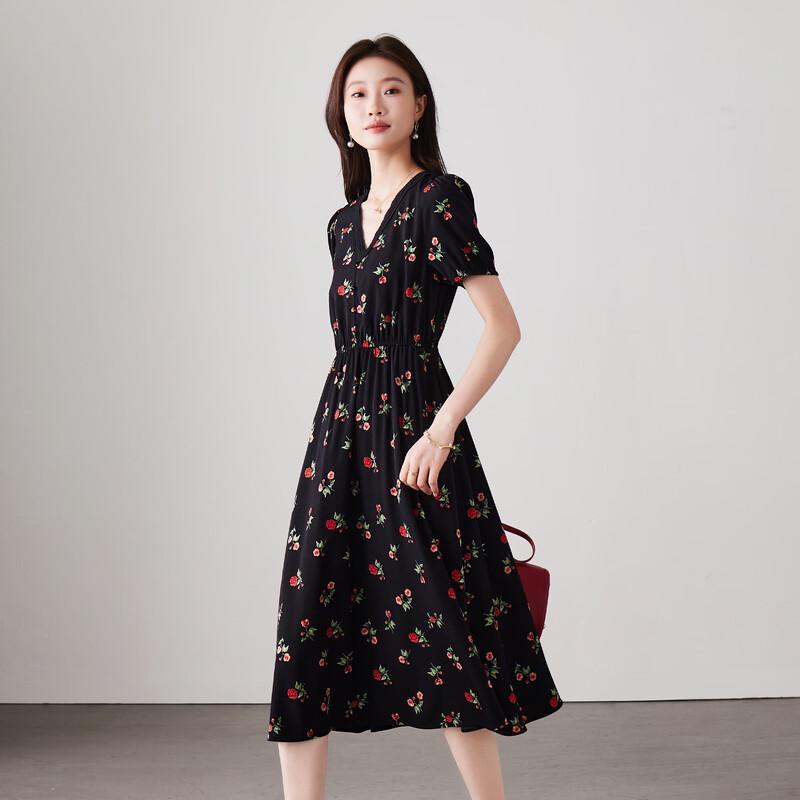 SOFSIL French Romantic Black Floral V-Neck Midi Dress
