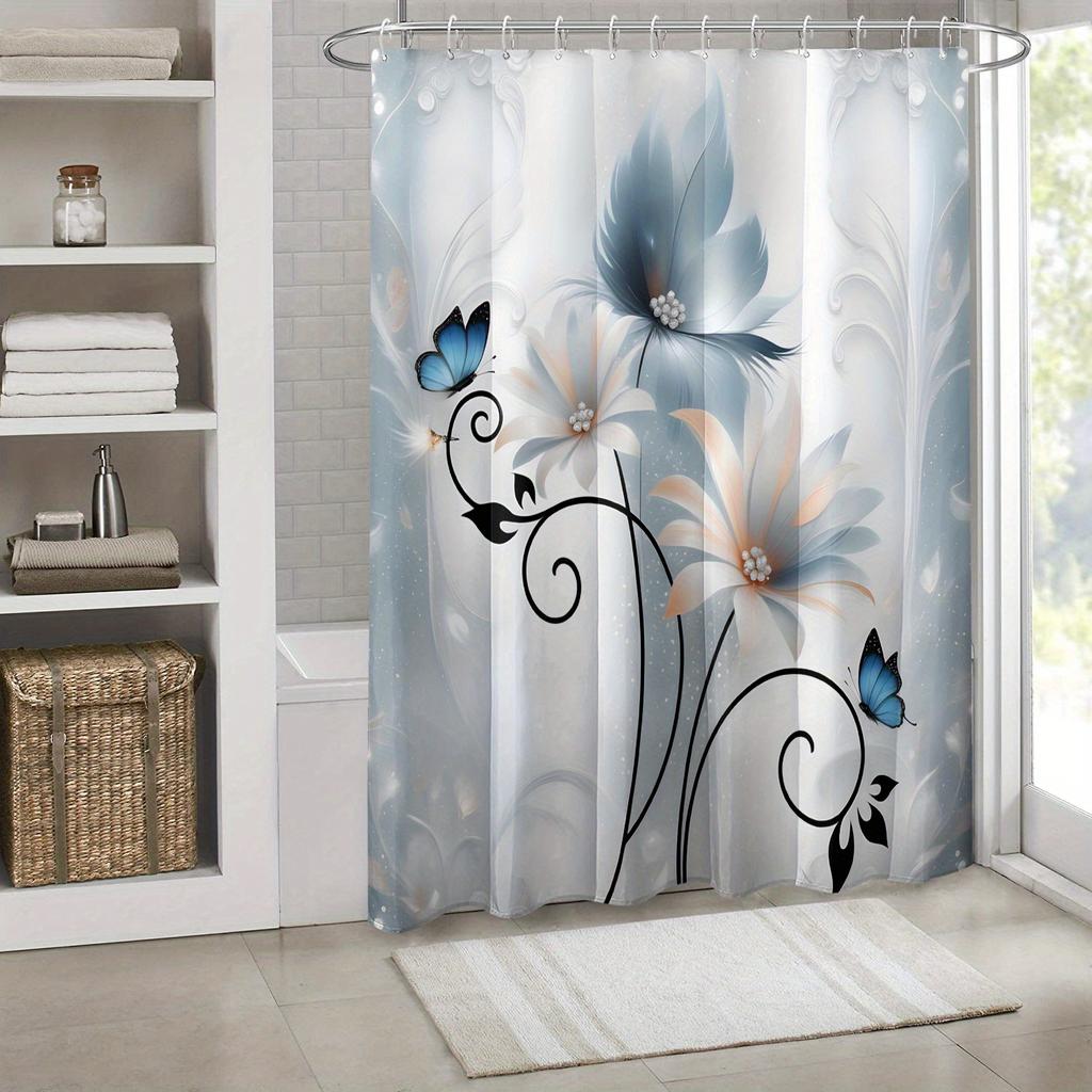 1Pc Smudge Blue Flower Print Shower Curtain - Waterproof Polyester, 12 Hooks, 71X71", All-Season Bathroom Decor
