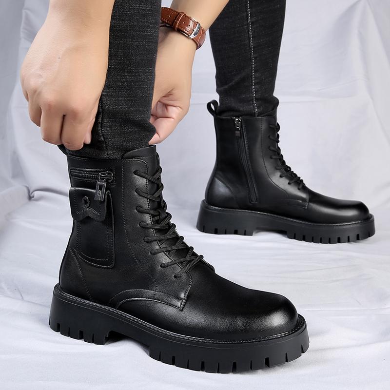 Fashion Men's Fashionable Men's Ankle Boots English Style Thick Soled Lace Up  Boots Round Head Leather Shoes Mid Heel White Motorcycle