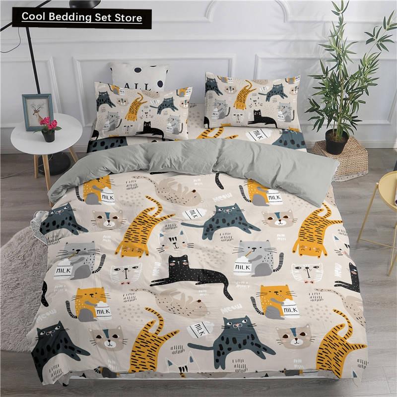 Parure de lit avec housse de couette et taie d'oreiller en polyester doux, motif de chats mignons imprimés en 3D, pour lit double, Queen, King, double