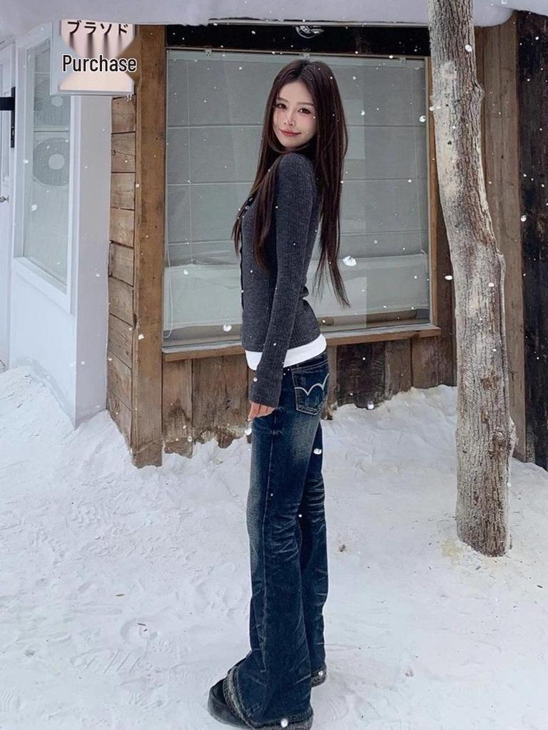 Elegant Korean-Style Grey Faux Two-Piece Long-Sleeve Women's T-Shirt - Autumn/Winter Slimming Base Layer Top