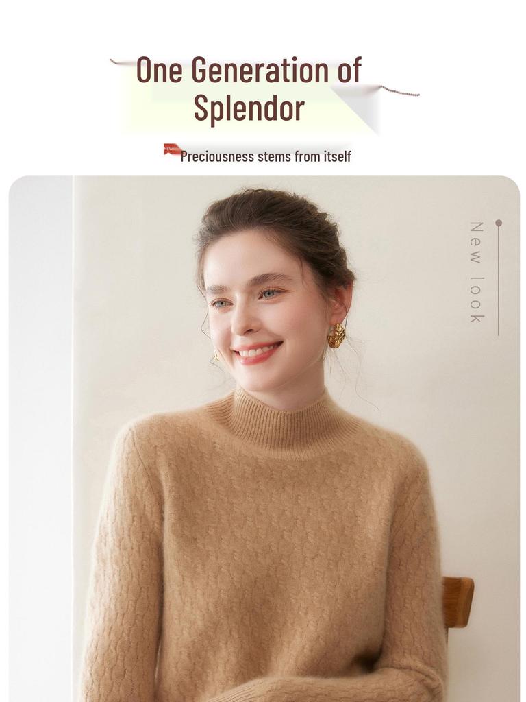 Women's Retro Cable Knit Cashmere Sweater: Autumn/Winter Half-High Collar, Thick, Loose Base Layer.