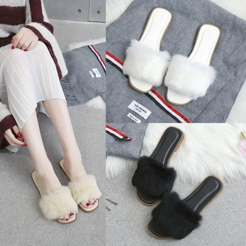 New Flat Slippers One Line Casual Women's Shoes Fluffy Shoes Slippers Comfortable Women's Open Toe Slippers Zapatos Mujer