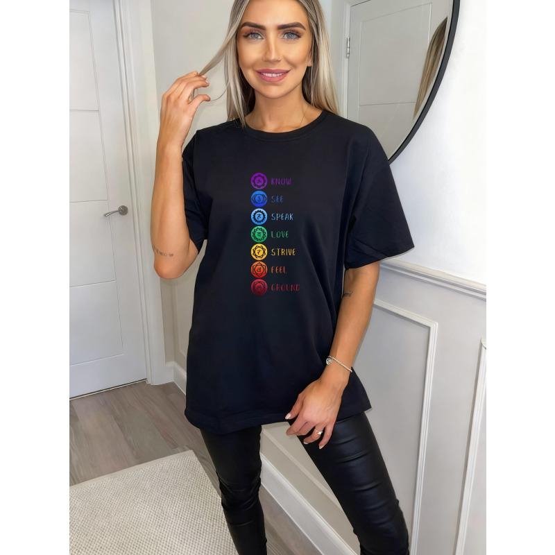 Μαύρο Oversized T-shirt με Σύμβολα Τσάκρα και τις Λέξεις Γνώρισε Δες Μίλα Αγάπα Προσπάθησε Νιώσε Γείωση Για Γιόγκα Διαλογισμό Και Πνευματική Ένδυση