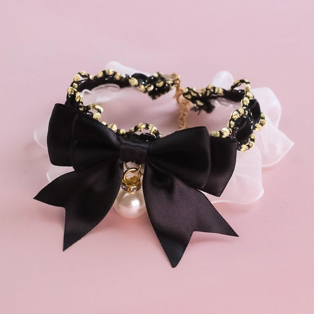 New Cute Dog Collar Fashion Lace Bowknot Pearl Cat Necklace Sweet Neck Decoration Puppy Necktie Kitten Bibs Pet Supplies Black