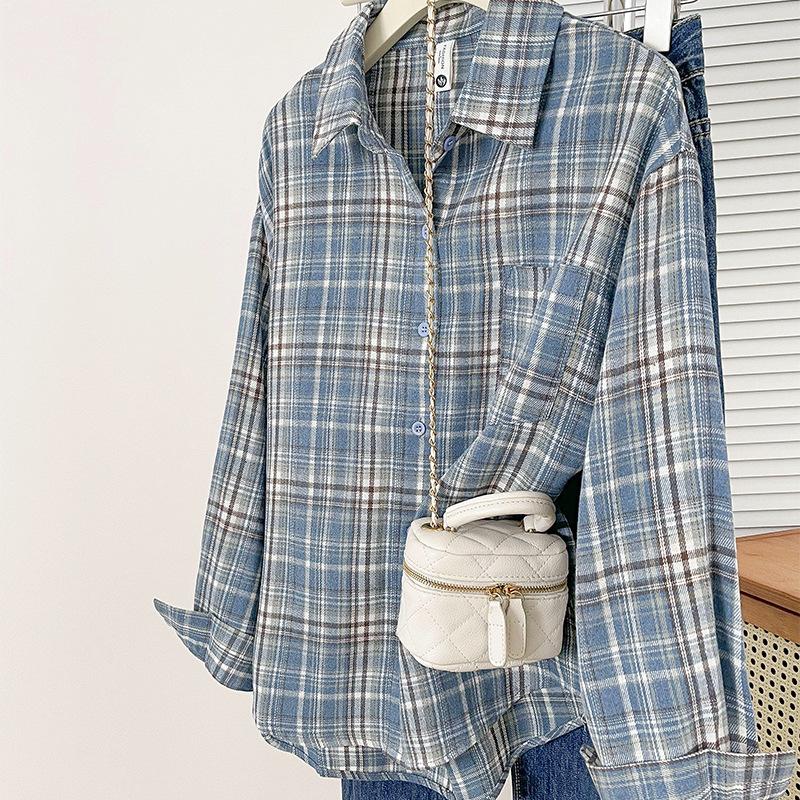 Plaid Shirt Women's Spring and Autumn New American Loose Trend Fashion Retro Ruffian Handsome Design Long-sleeved Top Jacket