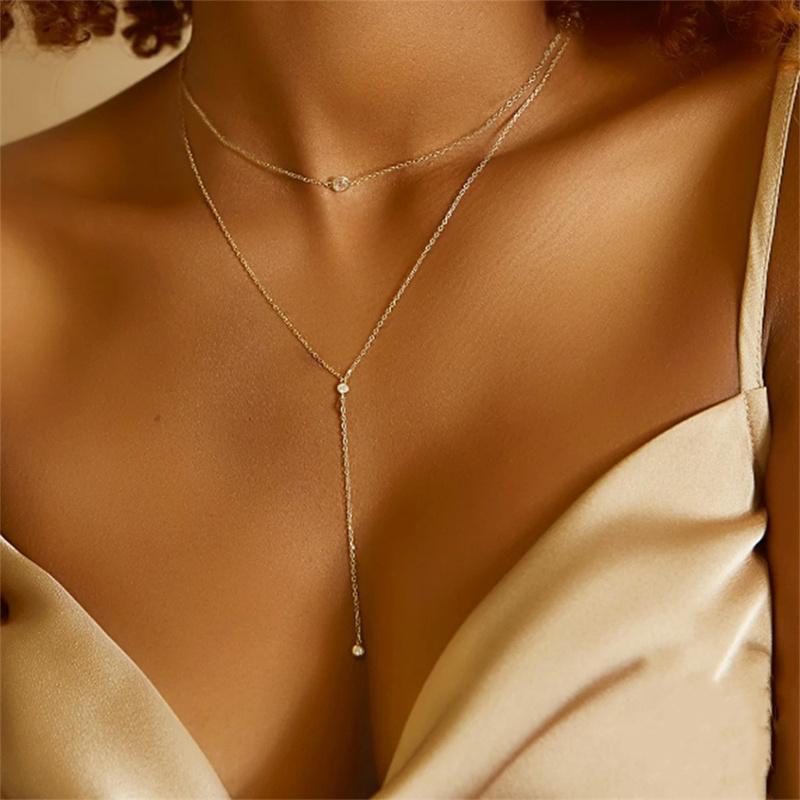 Vintage Gold Color Double Layered Necklace for Women Simple Crystal Zircon Metal Long Tassel Beads Chain Choker Party Jewelry