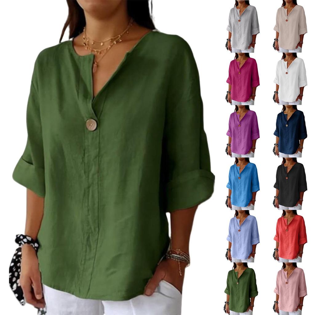 Women's Fashion Casual V-Neck Buttoned Seven- Sleeve Cotton Linen Top