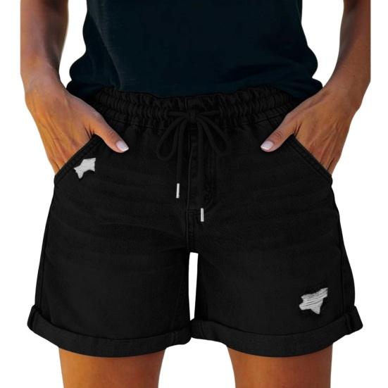 Jean Shorts for Women High Rise Roll Up Hem Straight Leg Distressed Denim Shorts Elastic Waist Drawstring Summer Ripped Hot Shorts with Pockets