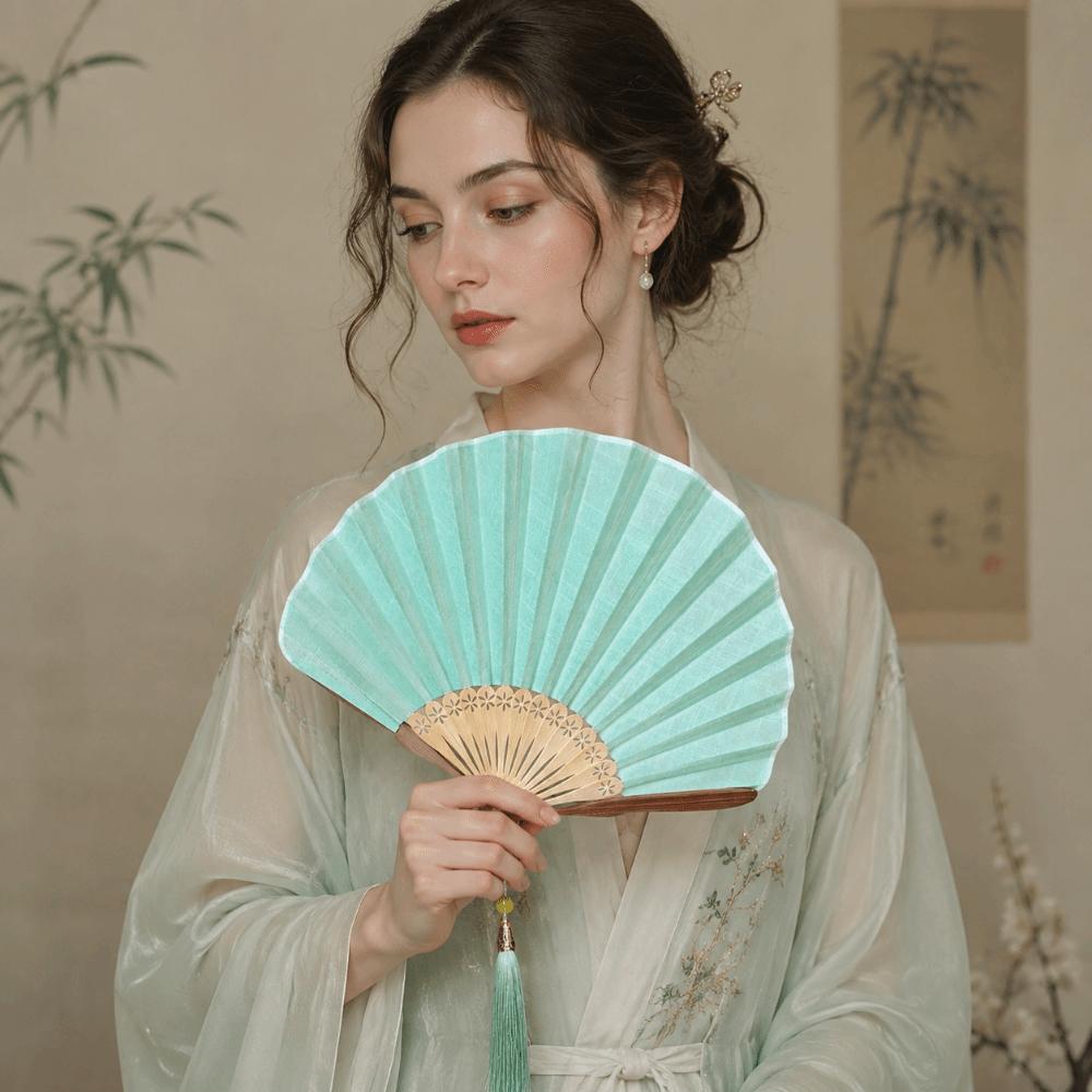 Shell-Shaped Folding Hand Fan Light Green Bamboo Frame Retro Handheld Fan with Tassel Portable Mini Shell Fan Home Decoration