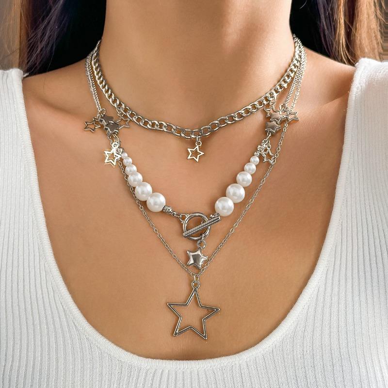1 st Hip Hop Spice Girl Vind Stjärna Hänge Halsband Set, Mode Rund Pärla Metallkedja Halsband