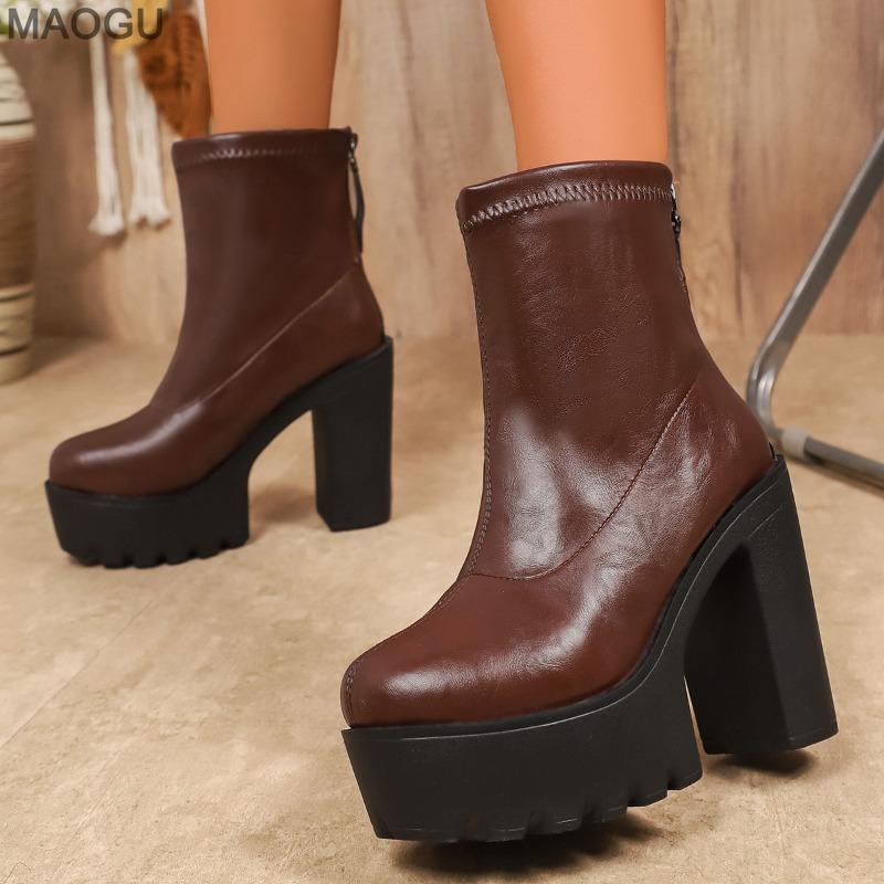 Thick Sole Brown Women's Short Boots Leather Chunky Heeled Ankle Boots for Women Spring Autumn Fashion Botines Black Anti-slip
