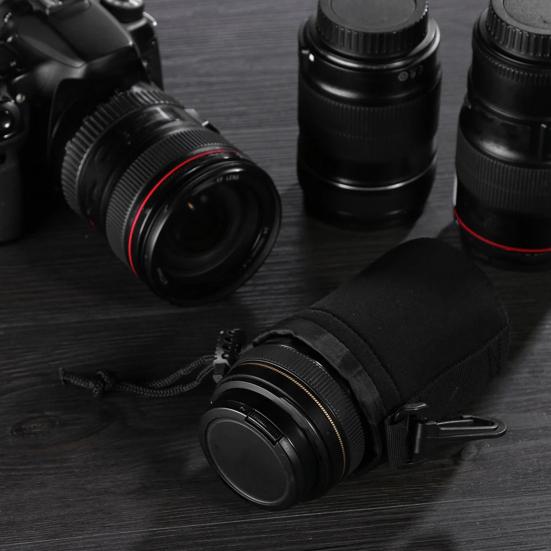 Neoprene Lens Bag DSLR Camera Lens Pouch Waterproof Shockproof Waist Bag Lens Holder Cylinder with Internal Fur Protection Camera Lens Storage Bag