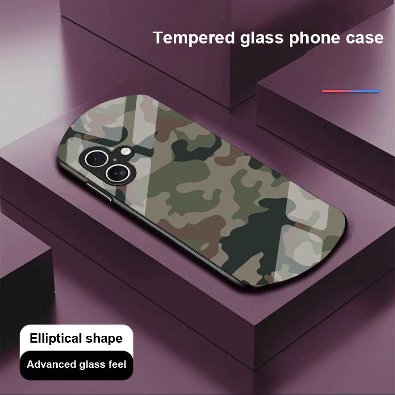 Camouflage Blue For Apple IPhone 16 11 13 15 14 Pro Max 12 Mini 7 8 Plus XR X XS Elliptical Shaped Tempered Glass Phone Case