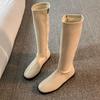 2026 New Spring Autumn Elastic Slimming Woman High Boot Concise Round Toe Shoes Ladies Soft Leather Flats Knight Long Booties