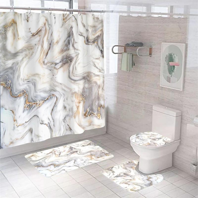 Luxe 3D Marmer Douchegordijn Set Polyester Stof Waterdicht Badkamer Gordijnen Moderne Stijl Print Badkamer Toilet Deksel Mat