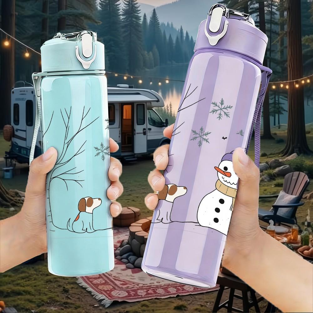 1PC Snowman Winter Forest Print 750ml Color Plastic Sports Water Bottle Leakproof Flip Straw Lid Suitable for Sports Office Home Use