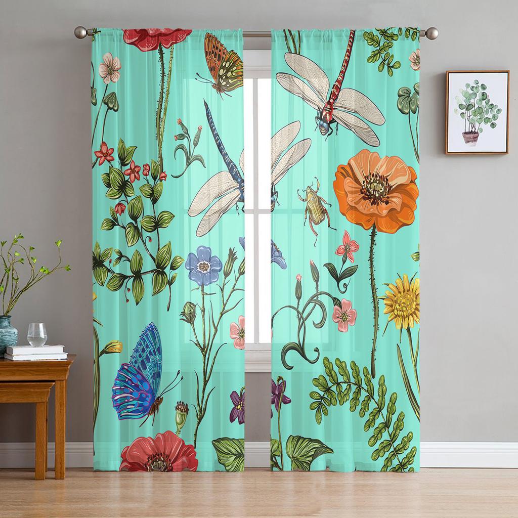 Watercolor Flowers Dragonfly Art Tulle Curtains for Living Room Bedroom Decor Transparent Chiffon Sheer Voile Window Curtain