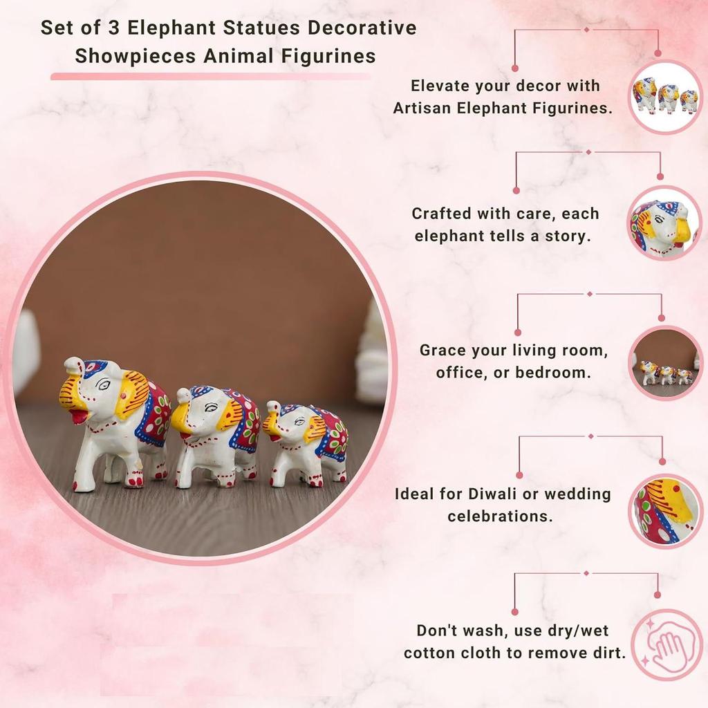 Set aus 3 Elefantenstatuen für Glück| Dekorative Tierfiguren Elefanten-Schauobjekte| Geschenk für Diwali Geburtstag Einweihung