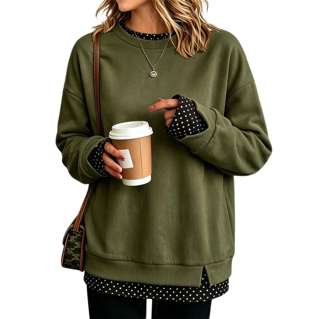Women's Casual Two Piece Polka Dot Long Sleeve Loose Fit Sweatshirt
