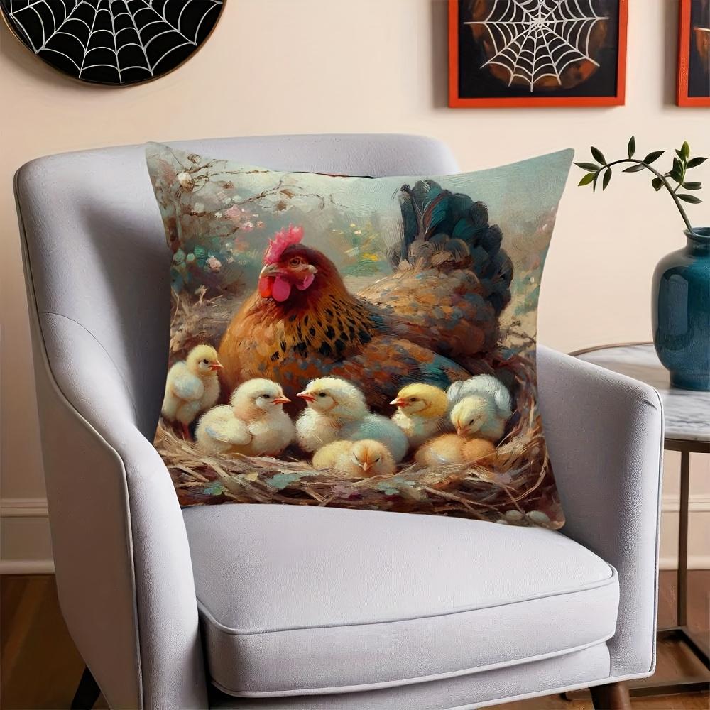 1Pc Country Chicken Coop And Chicks Pattern | Single-Sided Print Decorative Cushion Cover, 17.72Inch×17.72Inch