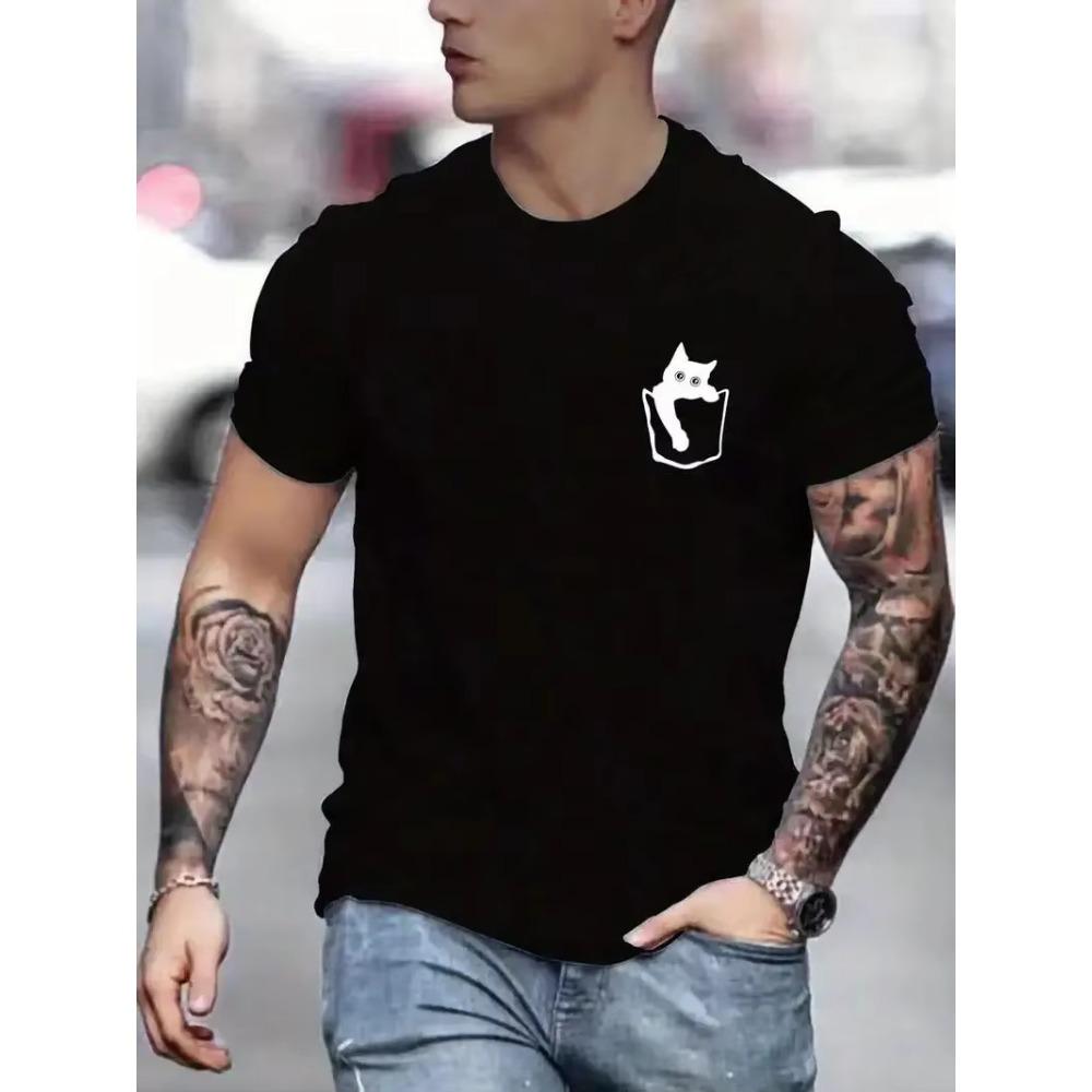 Kitty In The Pocket Pattern Printed Men's Micro Stretch Cotton T-Shirt, Graphic T-Shirt Men's Summer Clothing, Men's Clothing