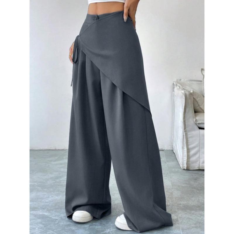 Solid Wide Leg Irregular Loose Lace-up Pants for Office and Casual Wear