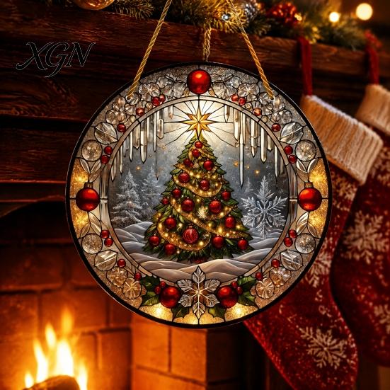Round Stained Glass Xmas Ornaments Style Acrylic Window Hanging, Christmas Tree Snow Scene Indoor Party Decorations Suncatcher, Door Home Decor
