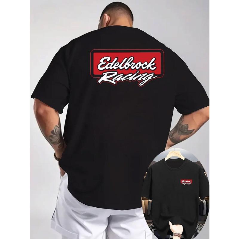 Herr Edelbrock Racing Grafisk T-shirt - Ljusgrå tryckt sweatshirt fram och bak, lämplig för racingfansens avslappnade sommarkläder