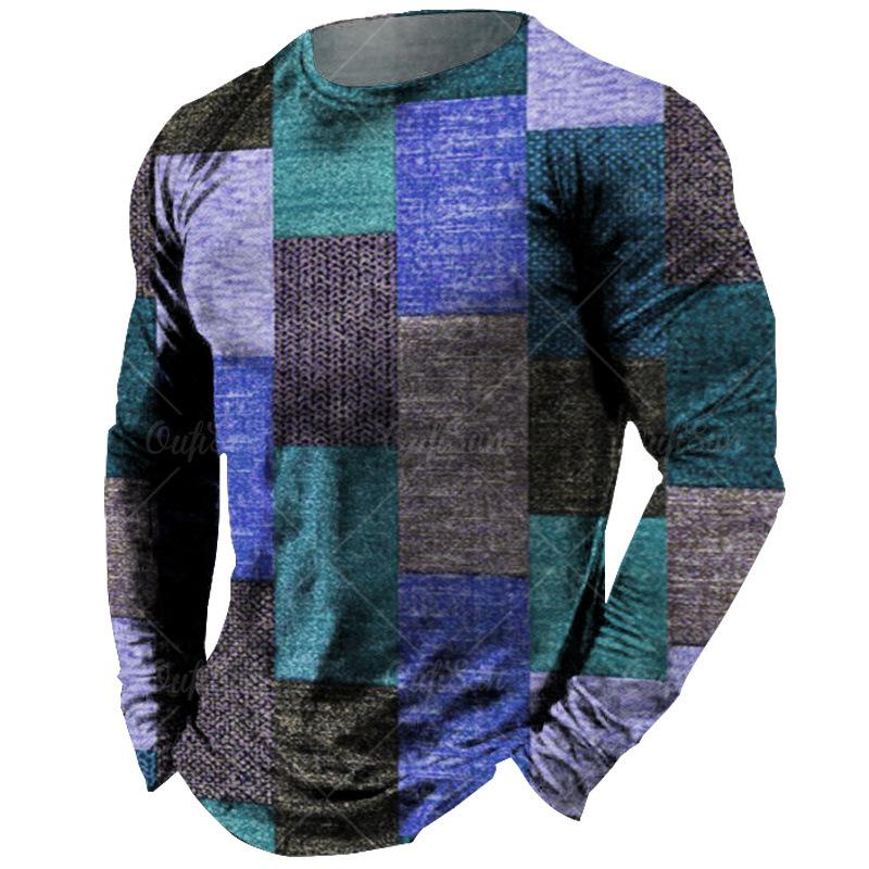 Rundhals 3D Unregelmäßige Farbpassung Bedrucktes Oberteil Modische Lässige Langarm Herren T-Shirts