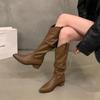 Thick Heel Vintage Brown V-Mouth Pile Medium Boots Women's Shoes 2024 Summer Pointed Western Cowboy Boots