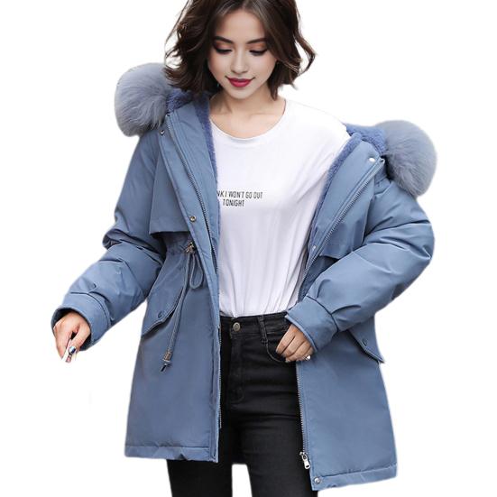 Winter Down Coat Thickened Padded Plush Hood Mid Length Windproof Pockets Long Sleeves Adjustable Drawstring Daily Outwear Cotton Jacket
