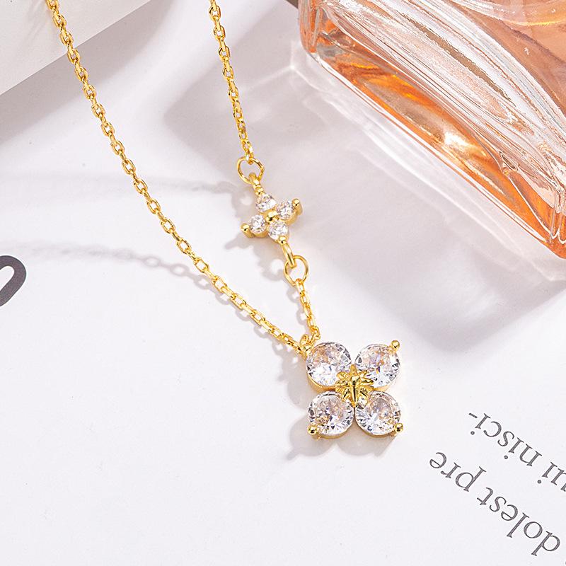 Double Lucky Four-leaf Clover Pendent Necklace for Women Cute White CZ Flower Stackable Chain Fashion Wedding Jewelry Gift