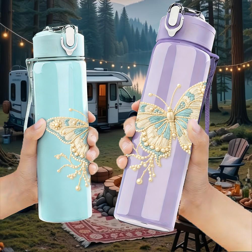 1PC Soft Pastel Butterfly Line Art Print 750ml Color Plastic Sports Water Bottle Leakproof Flip Straw Lid Suitable for Sports Office Home Use
