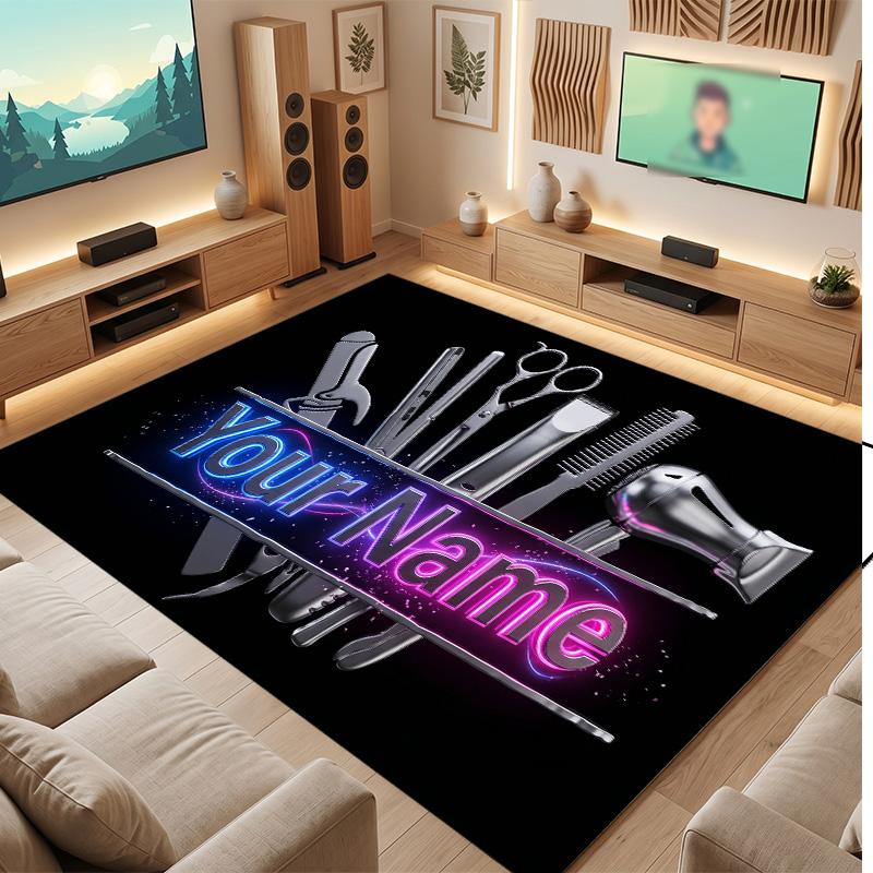 Barber Salon Theme Soft Crystal Velvet Rug Custom Name & Text Print Non Slip Floor Rug for Bedroom Living Room