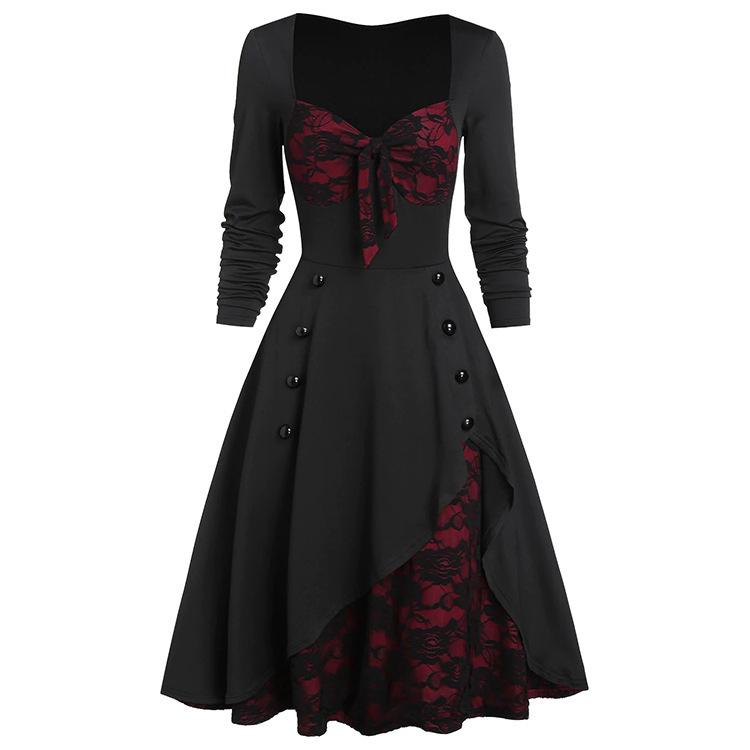 Women's Fashion Slim-fit Lace Ethnic Style Vintage Stitching Long Sleeve Flower Dress