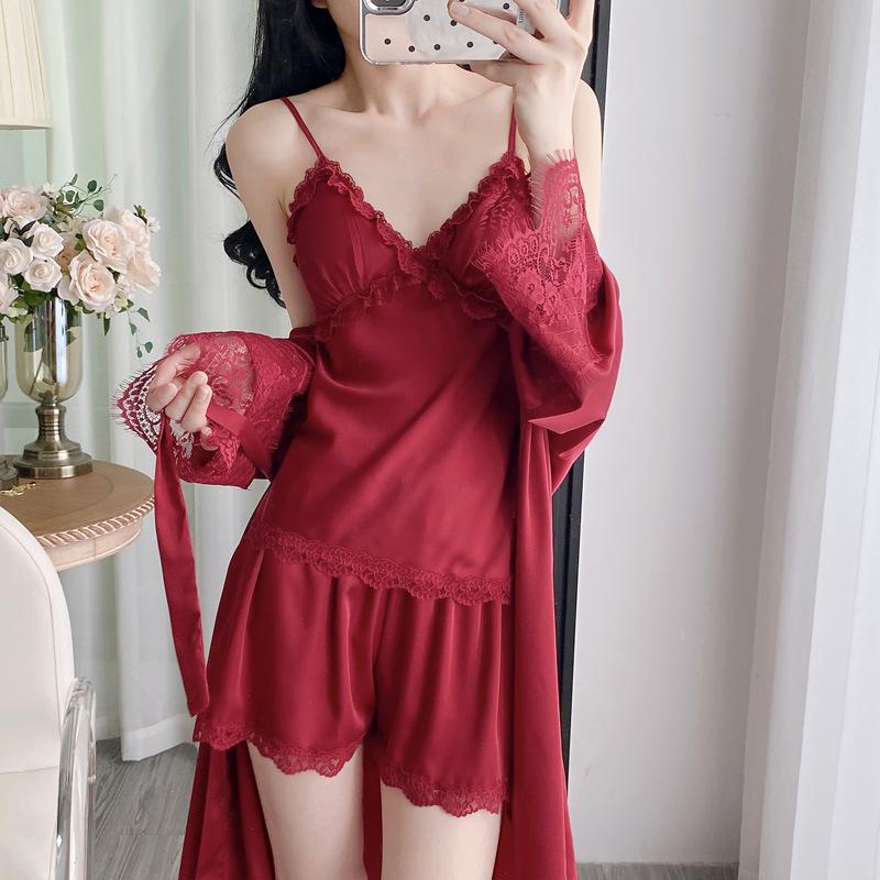 Internet celebrity spring and summer women's pajamas new thin solid color lace ice silk suspender shorts vest loungewear set