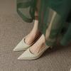 Retro French Pointed High Heels for Womens Pumps Soft Leather Shallow Slip-On Office Shoes